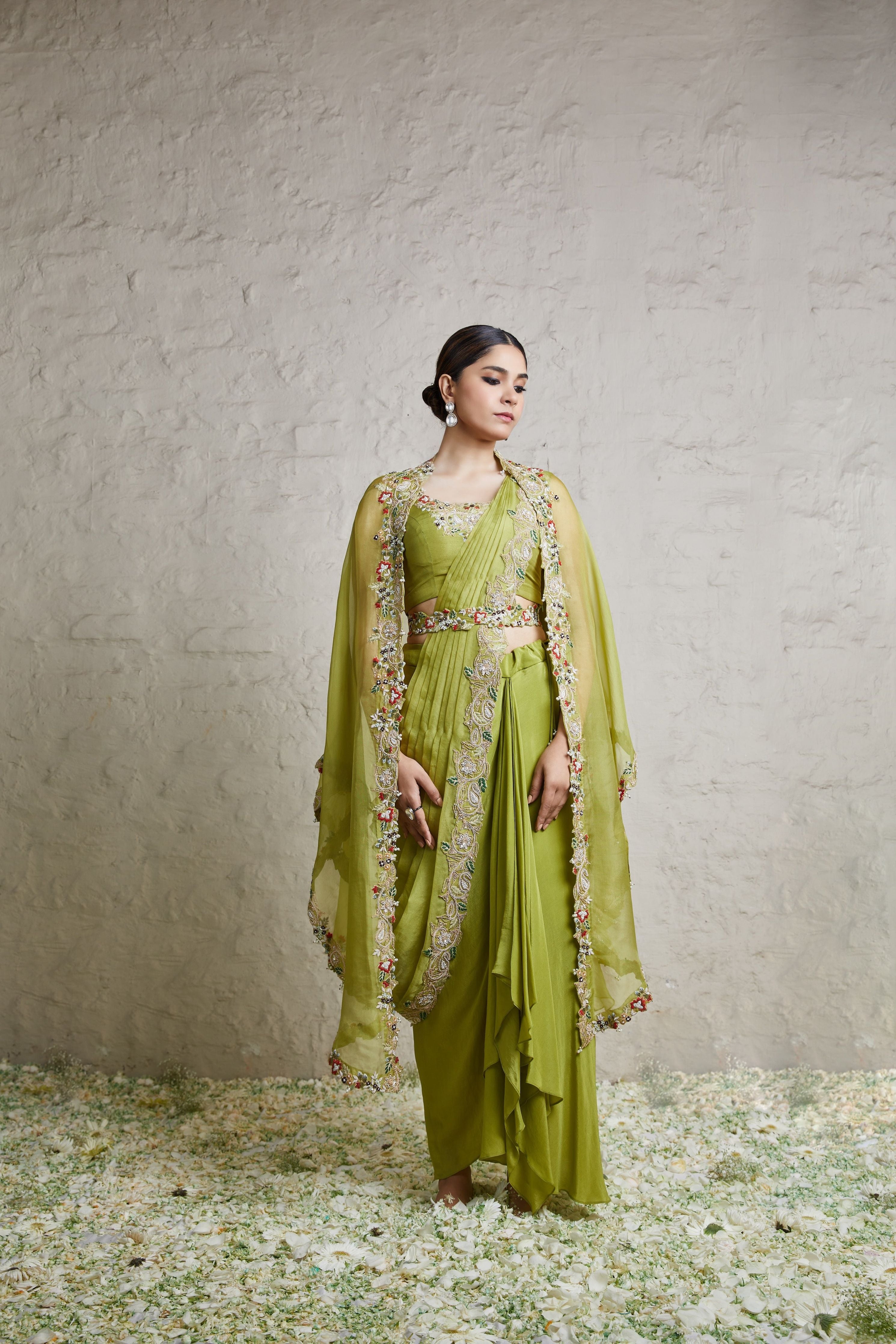 Like green silk blouse with organza drape, cape and crepe dhoti  Mokshaa