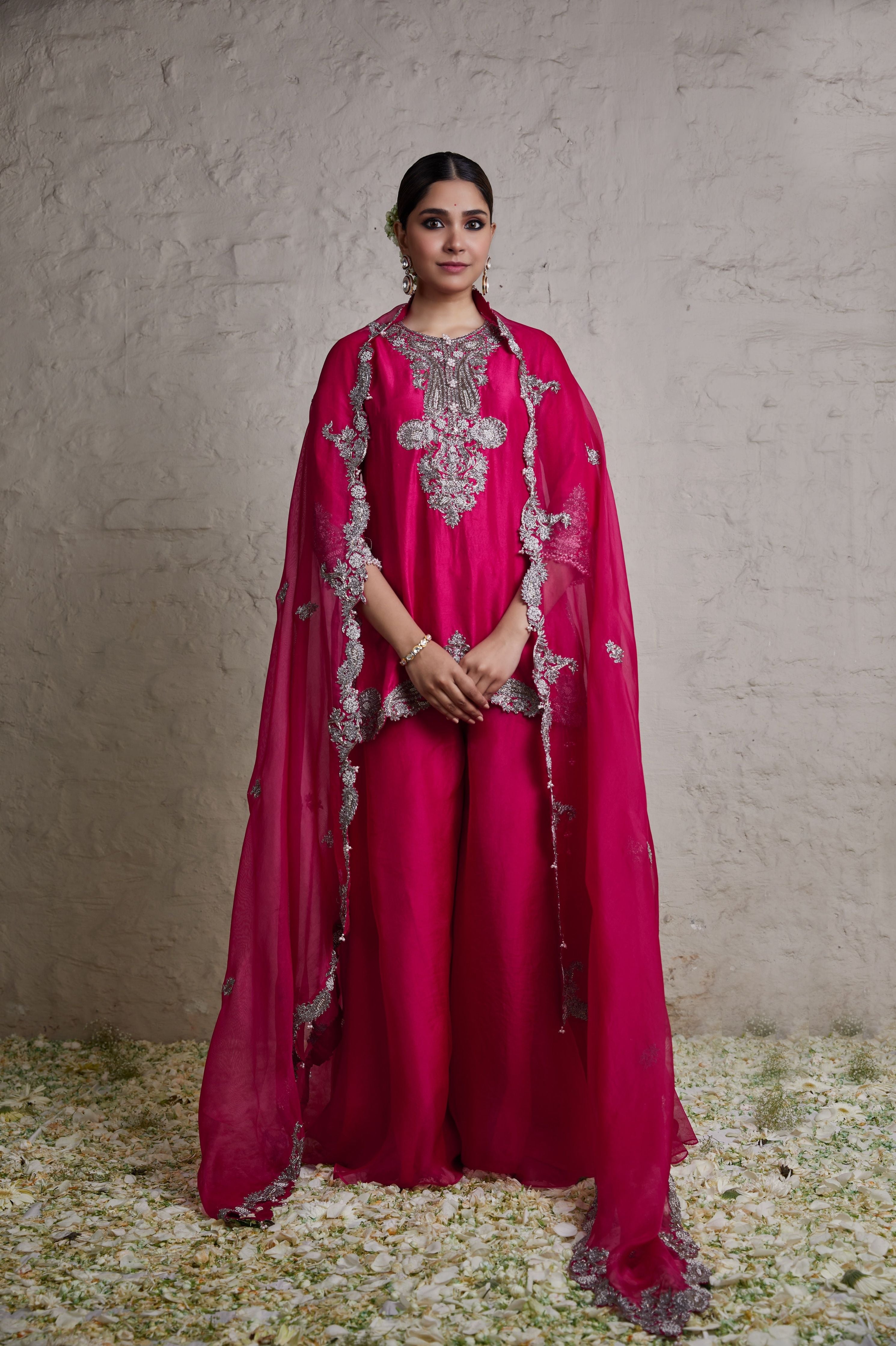 Fuscia silk kurta with organza sharara and dupatta  Mokshaa