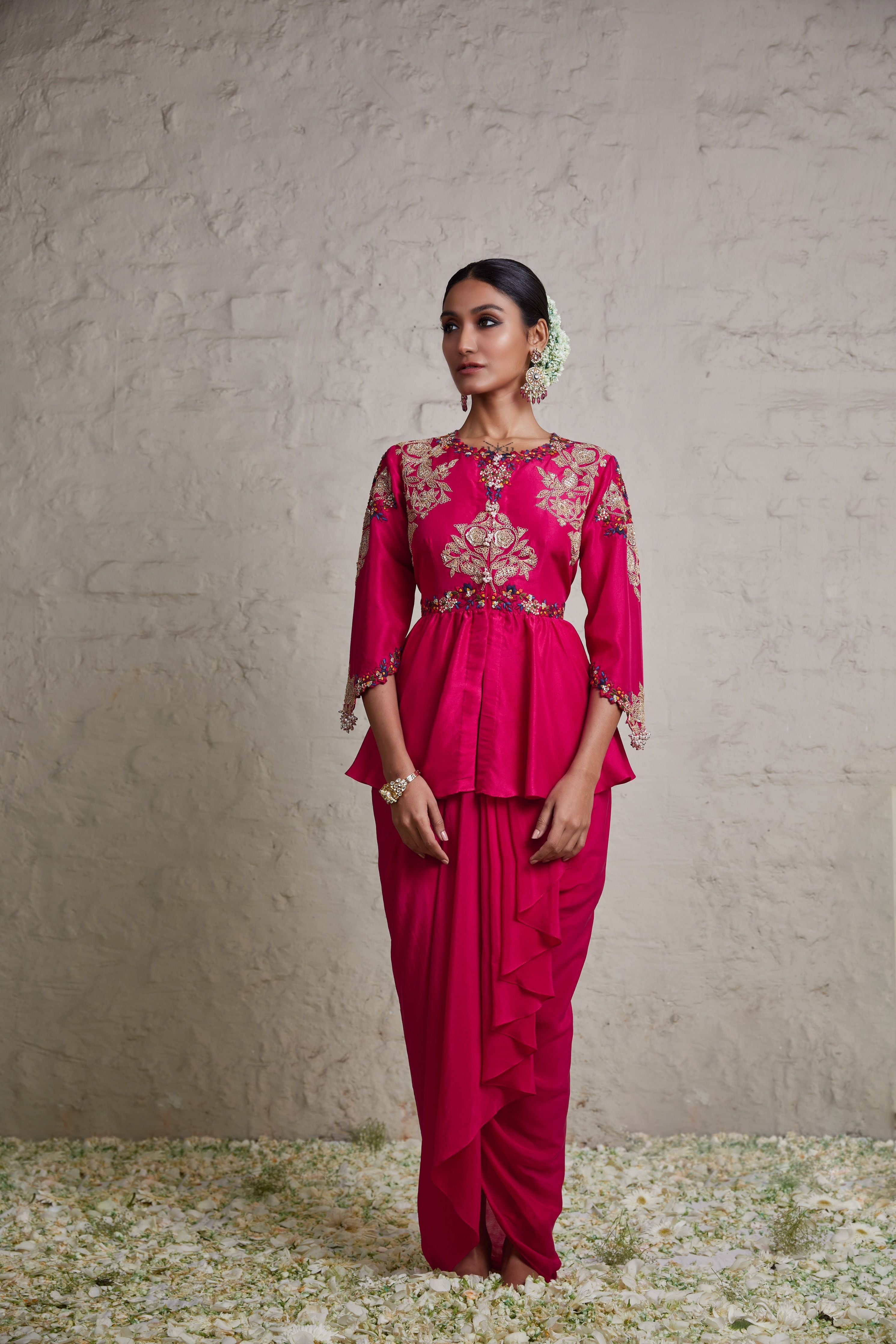 Fuscia silk peplum top with crepe dhoti  Mokshaa