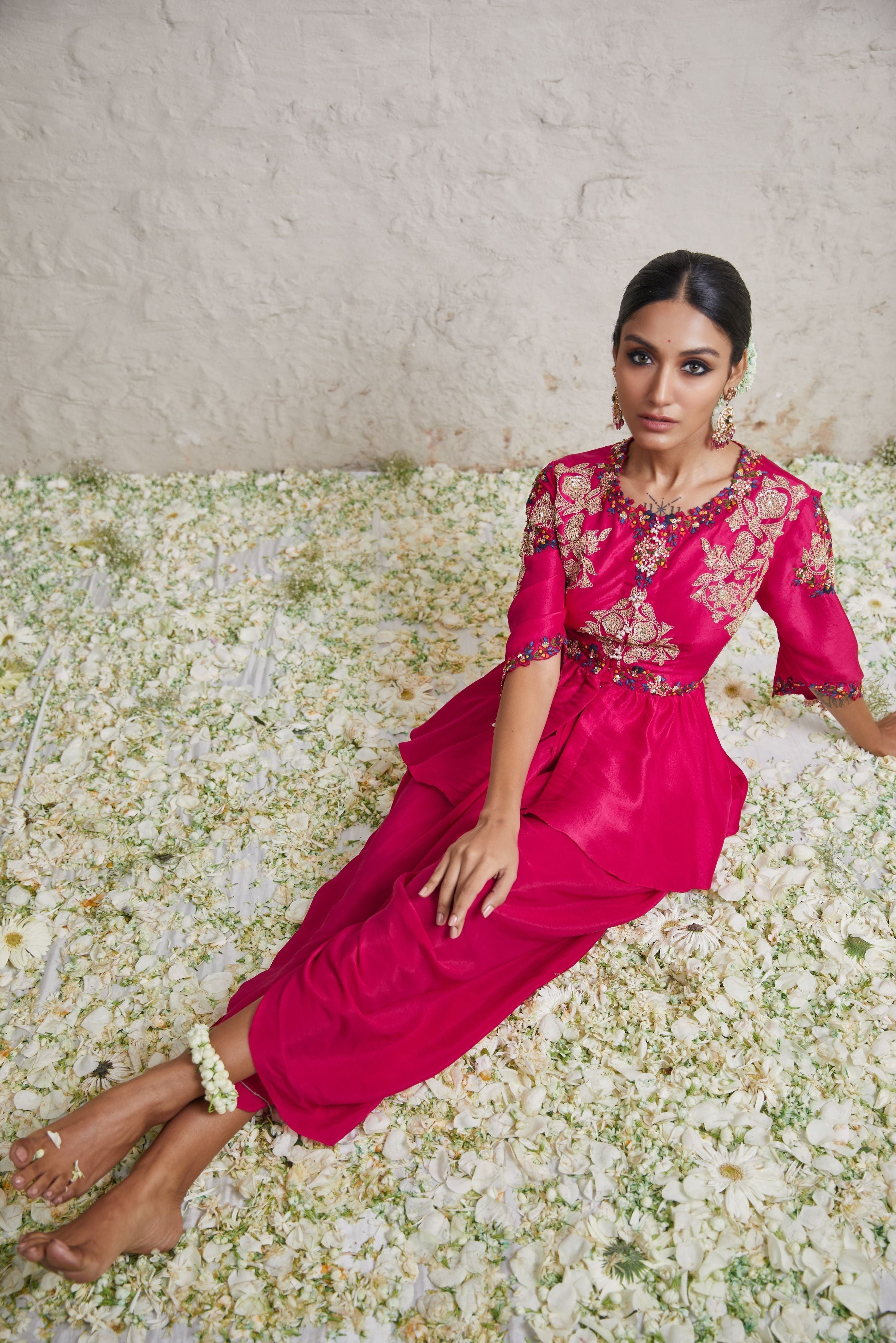 Fuscia silk peplum top with crepe dhoti  Mokshaa