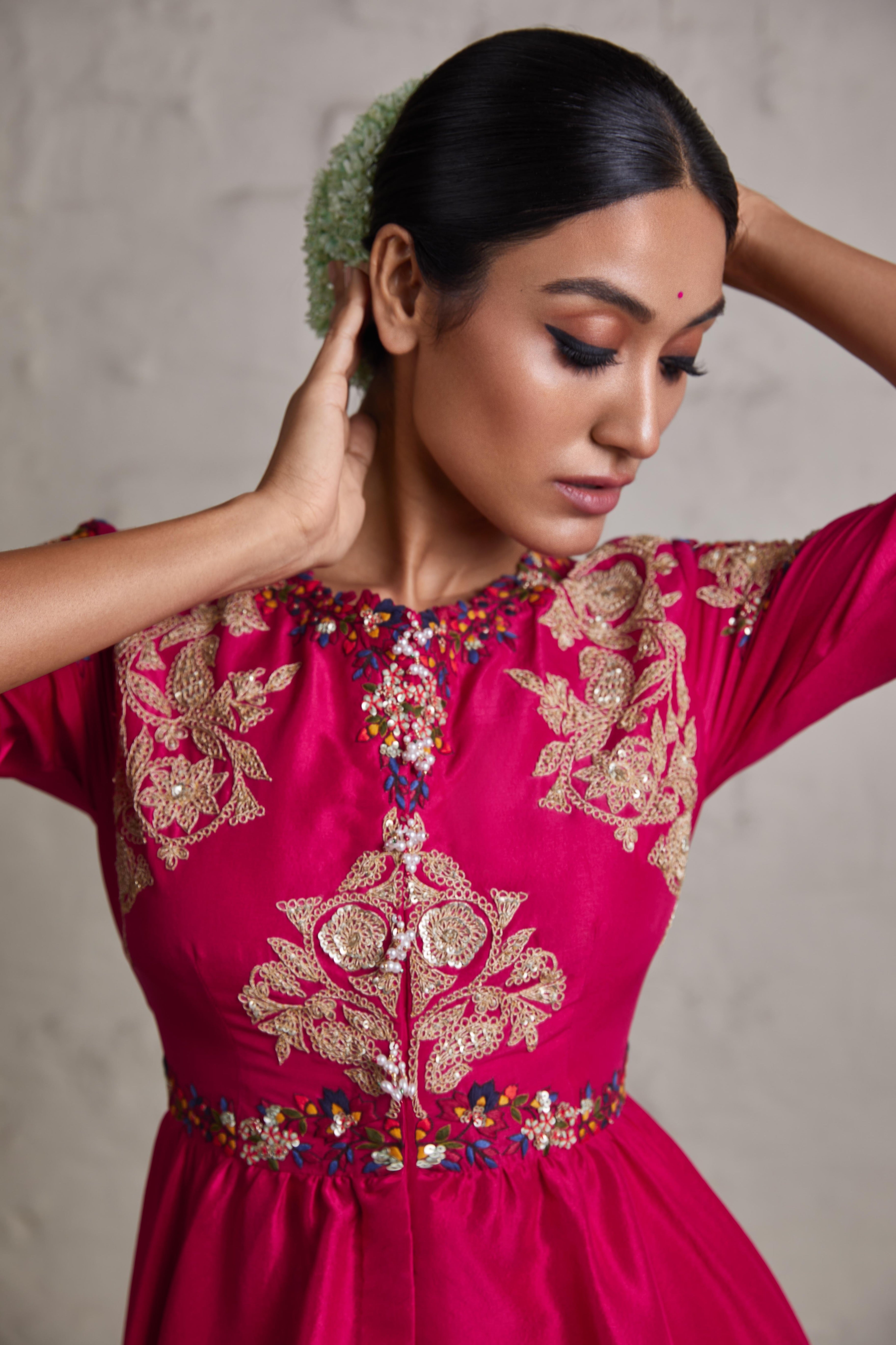 Fuscia silk peplum top with crepe dhoti  Mokshaa