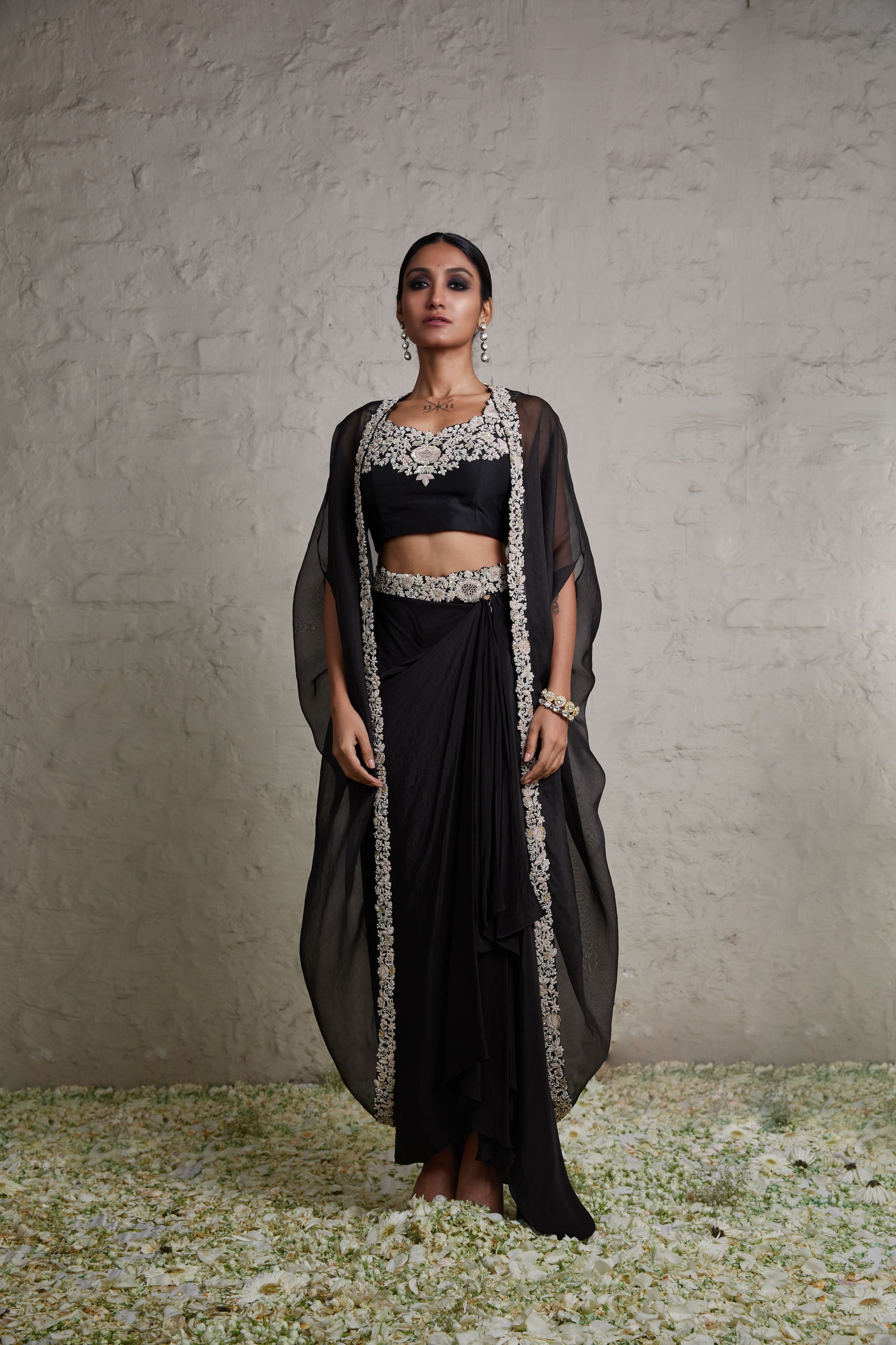 Black silk blouse with organza cape and crepe skirt  Mokshaa