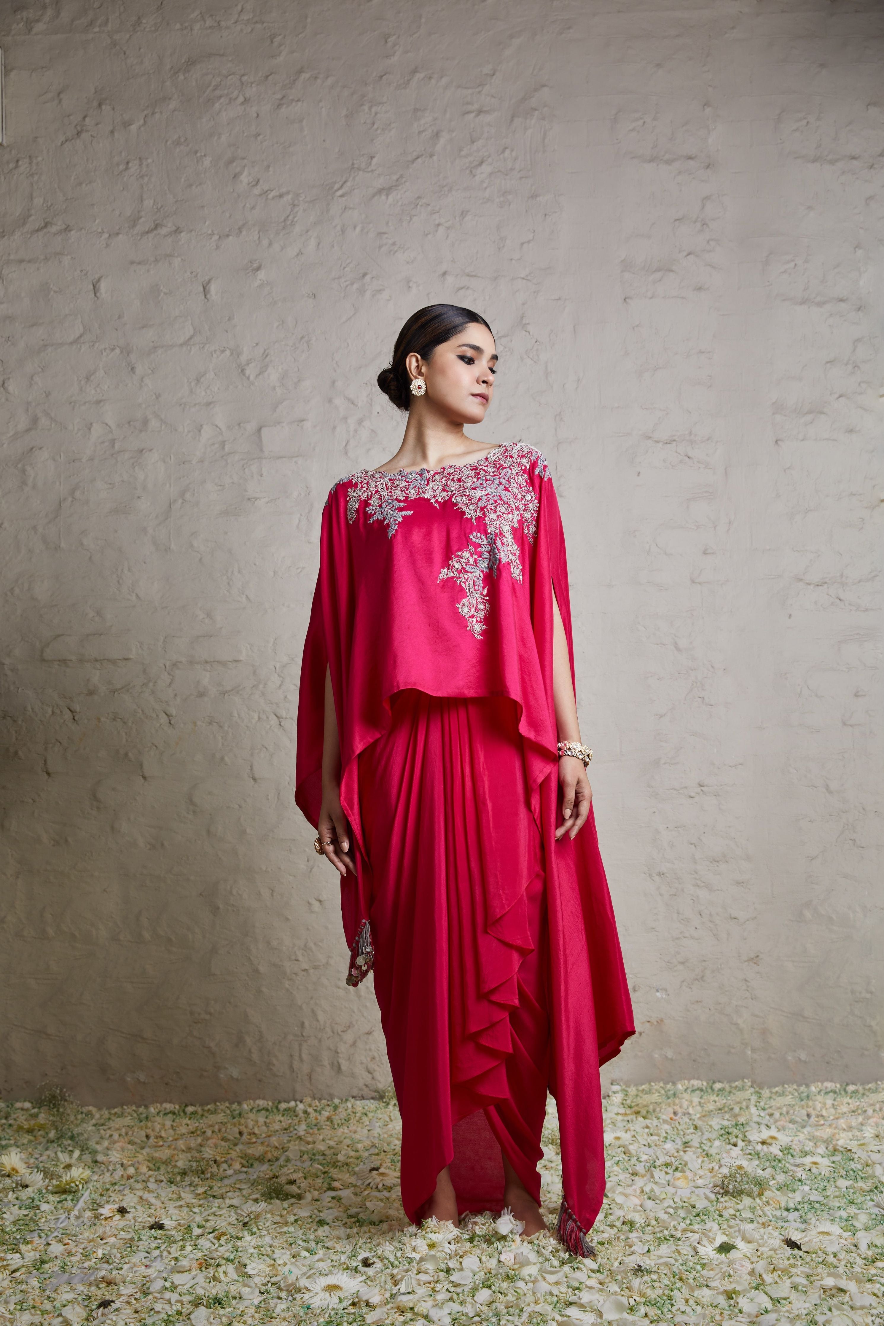 Fuscia silk kaftaan with crepe dhoti  Mokshaa