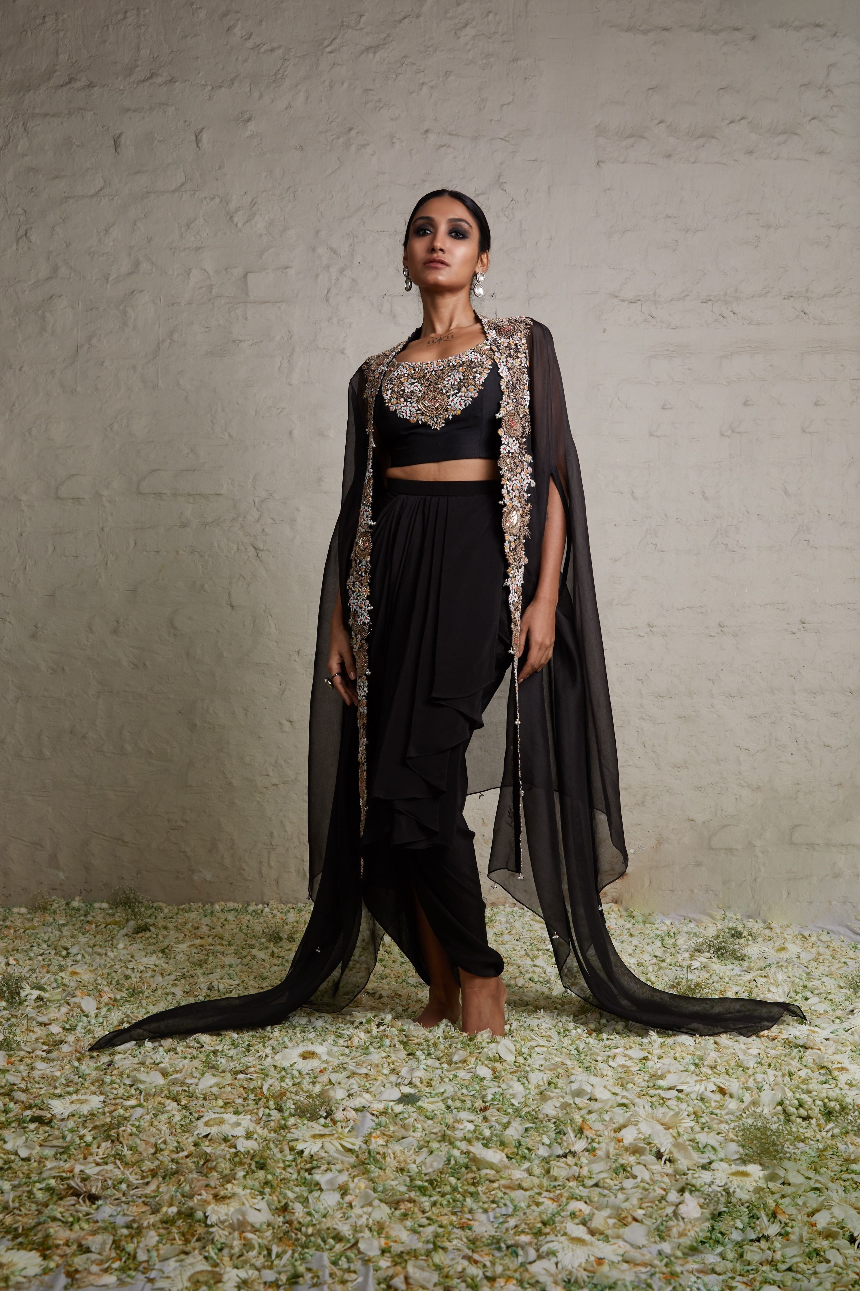 Black silk blouse with organza cape and crepe skirt  Mokshaa