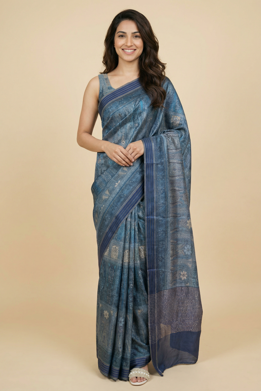 Light Blue Tussar Silk Saree with Block Print and Zari Border