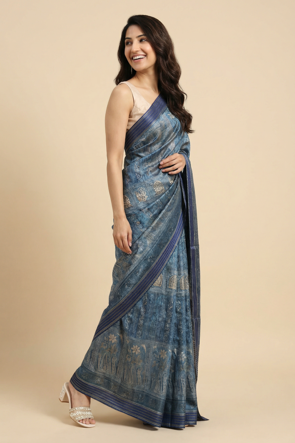 Light Blue Tussar Silk Saree with Block Print and Zari Border