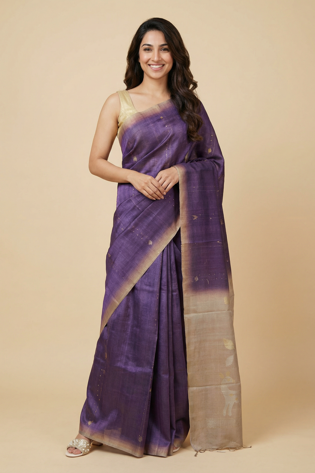 Purple Tussar Silk Saree with Zari Butti and Sequins Highlights