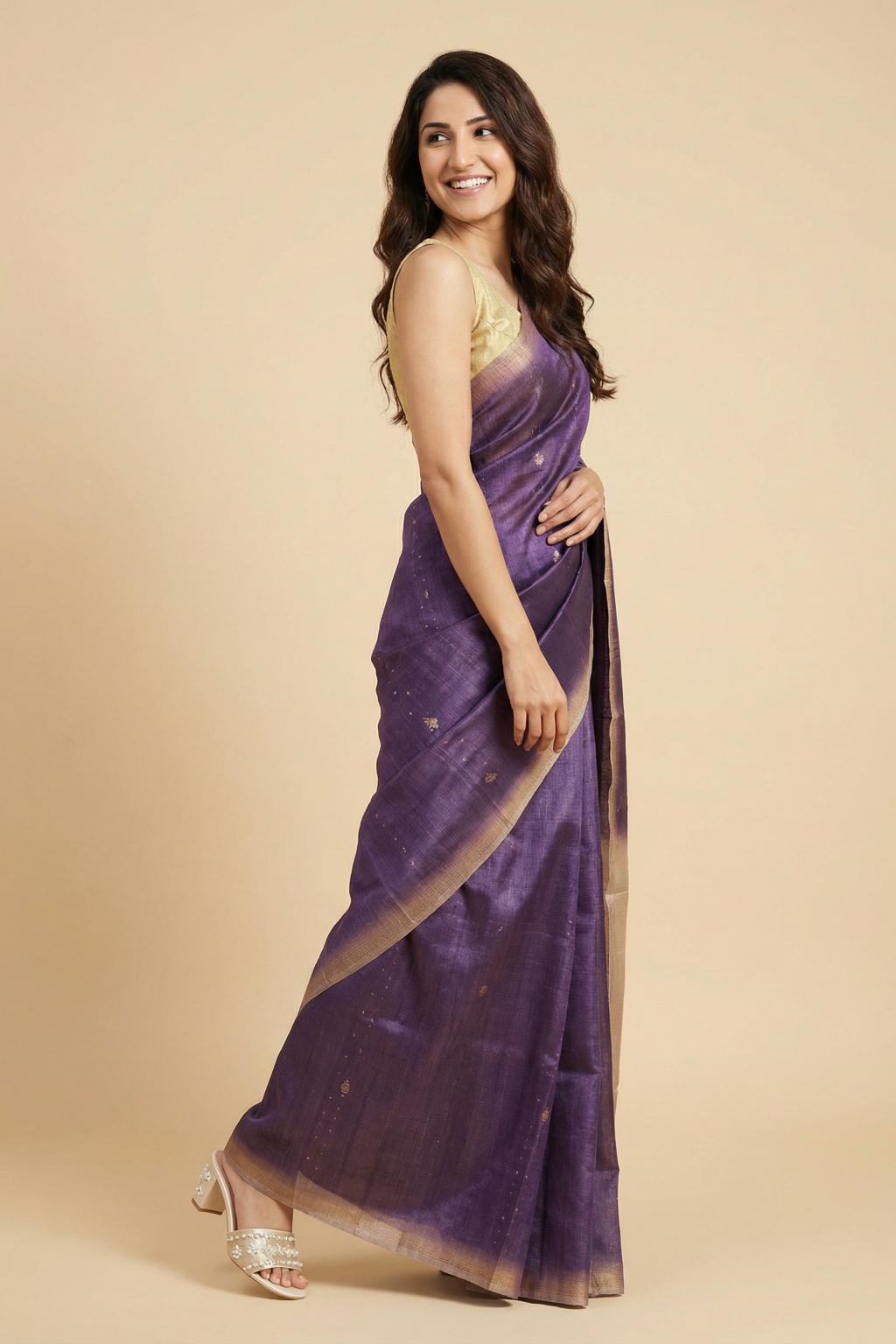 Purple Tussar Silk Saree with Zari Butti and Sequins Highlights