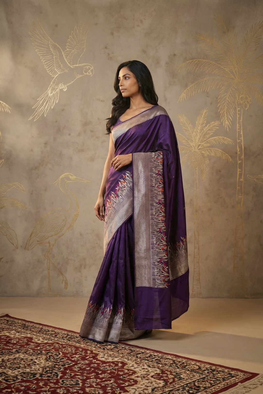 Royal Purple Banarasi Silk Saree with Zari Border and Thread Motifs