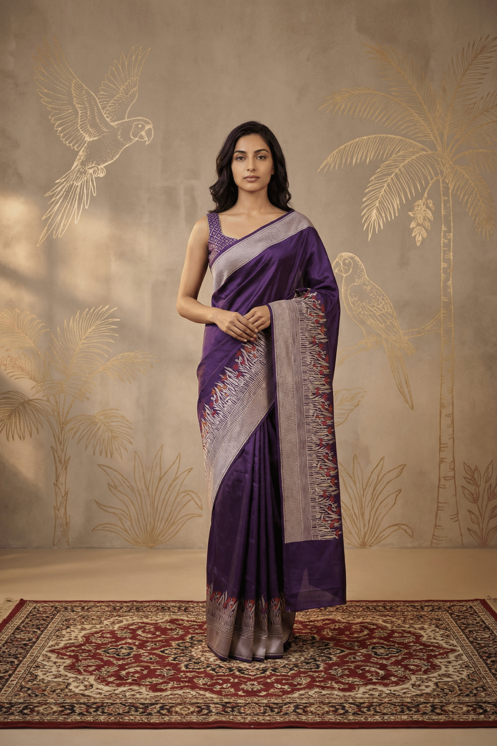 Royal Purple Banarasi Silk Saree with Zari Border and Thread Motifs