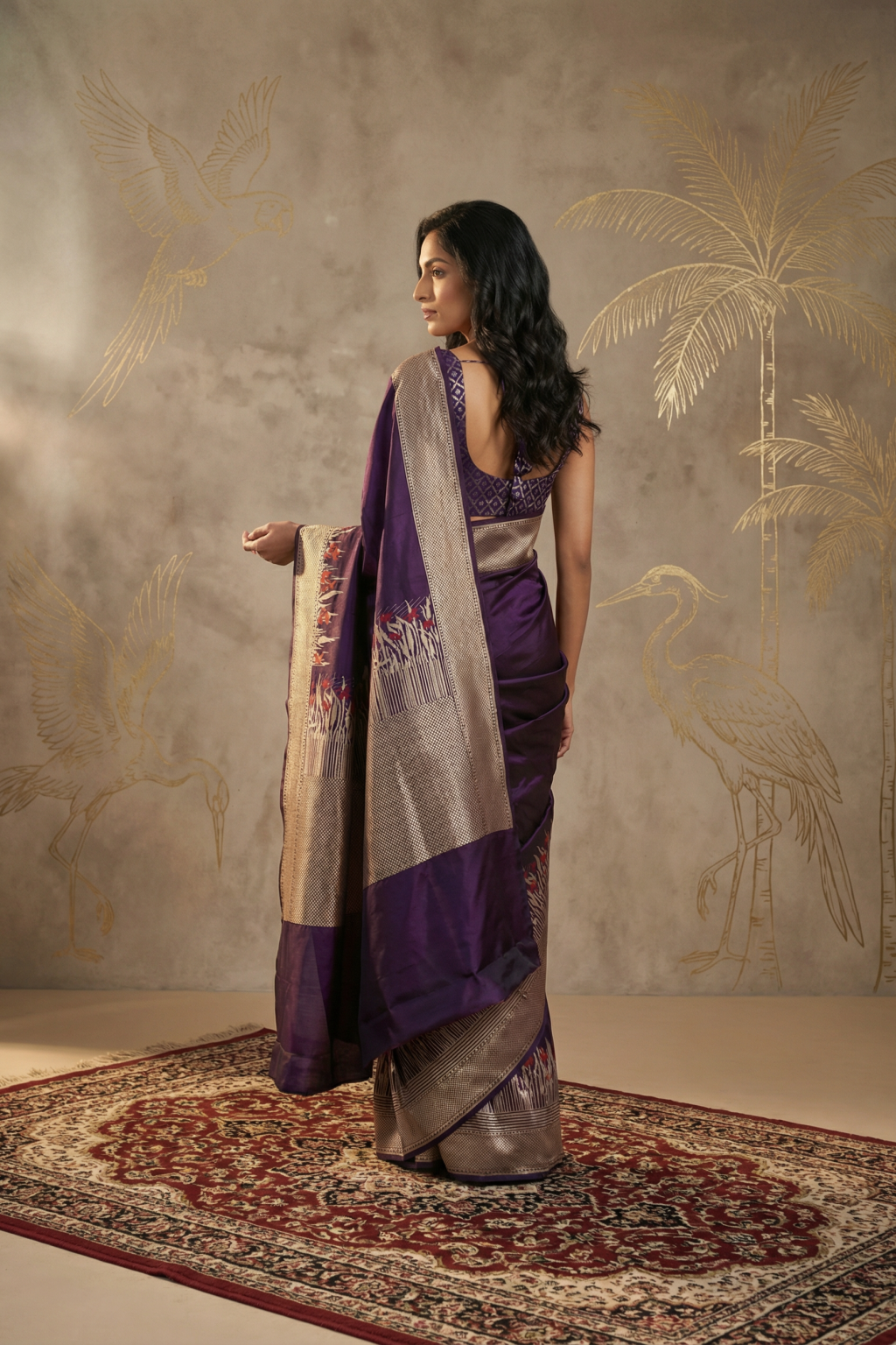 Royal Purple Banarasi Silk Saree with Zari Border and Thread Motifs