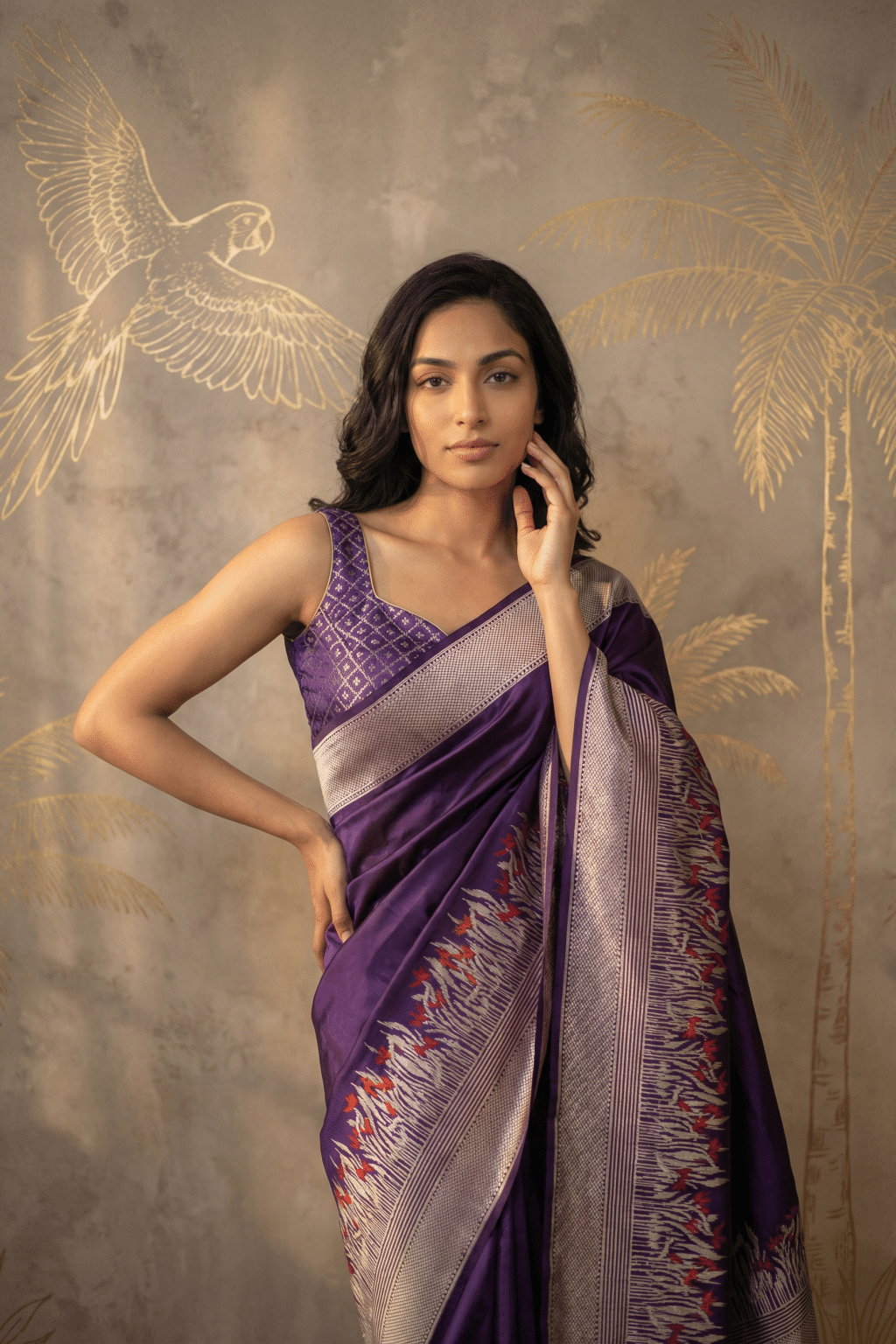 Royal Purple Banarasi Silk Saree with Zari Border and Thread Motifs