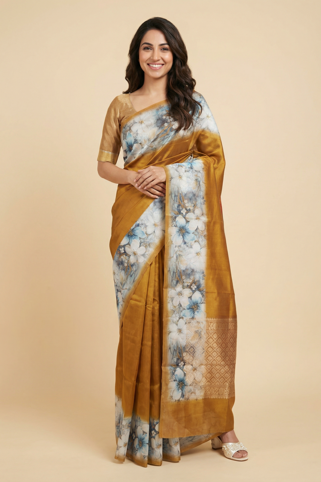 Mustard Chanderi Silk Saree with Floral Digital Print Border