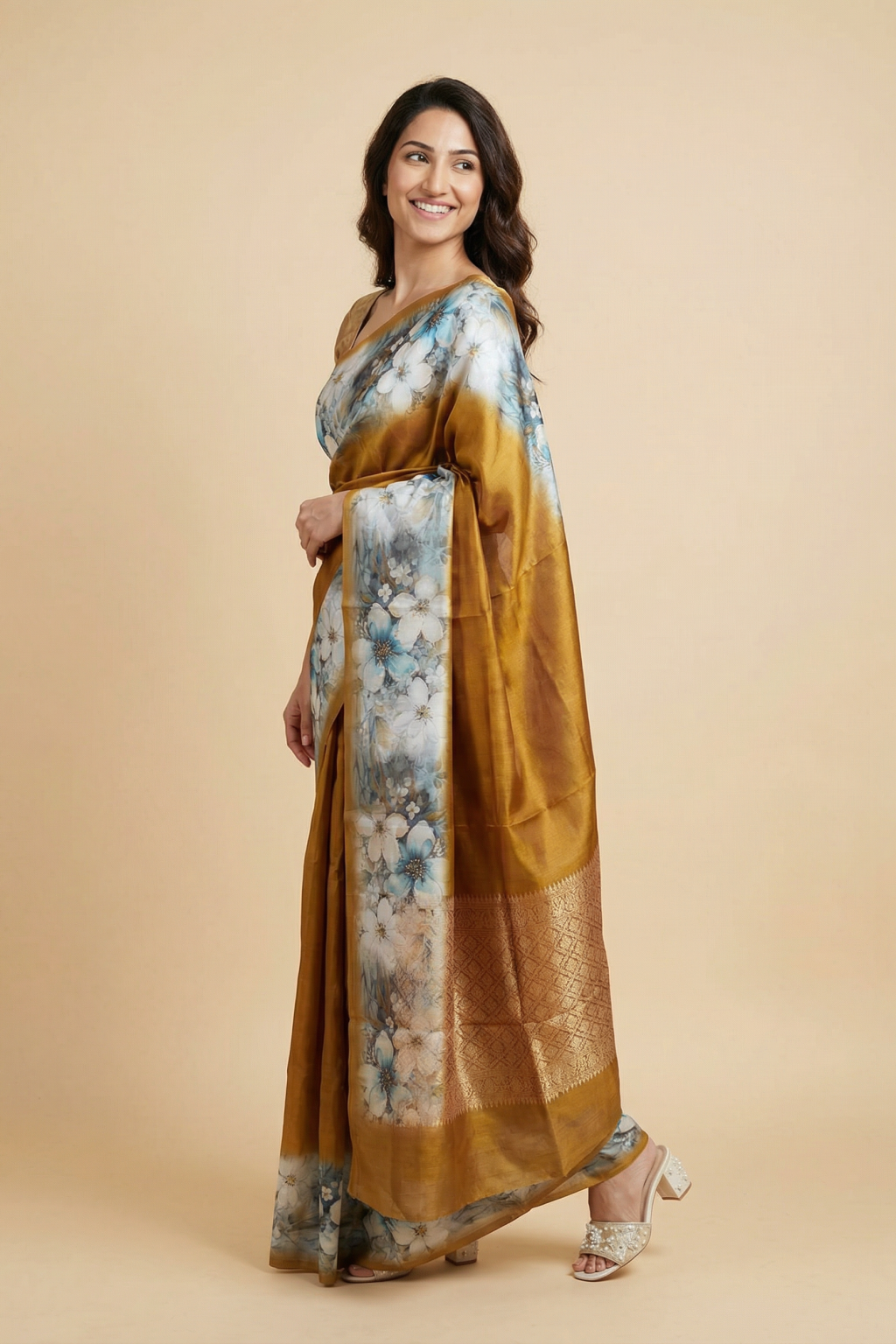 Mustard Chanderi Silk Saree with Floral Digital Print Border