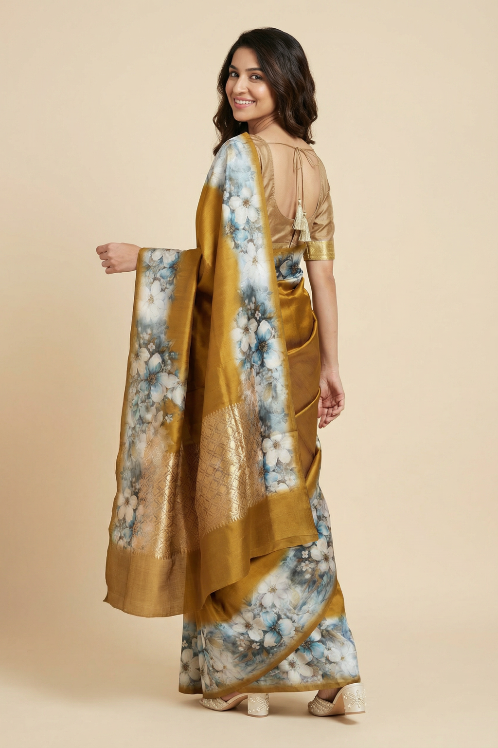 Mustard Chanderi Silk Saree with Floral Digital Print Border