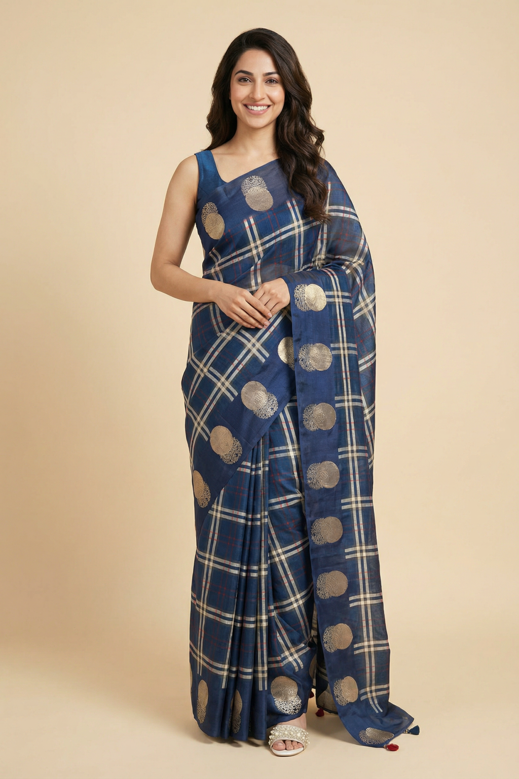 Blue Tussar Saree with Checks and Zari Buttas