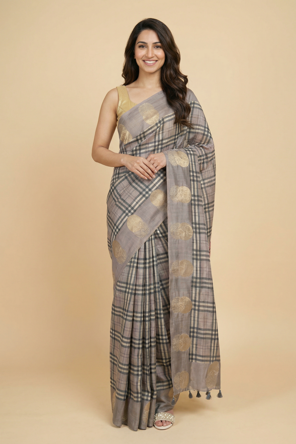 Grey Tussar Saree with Checks and Zari Buttas