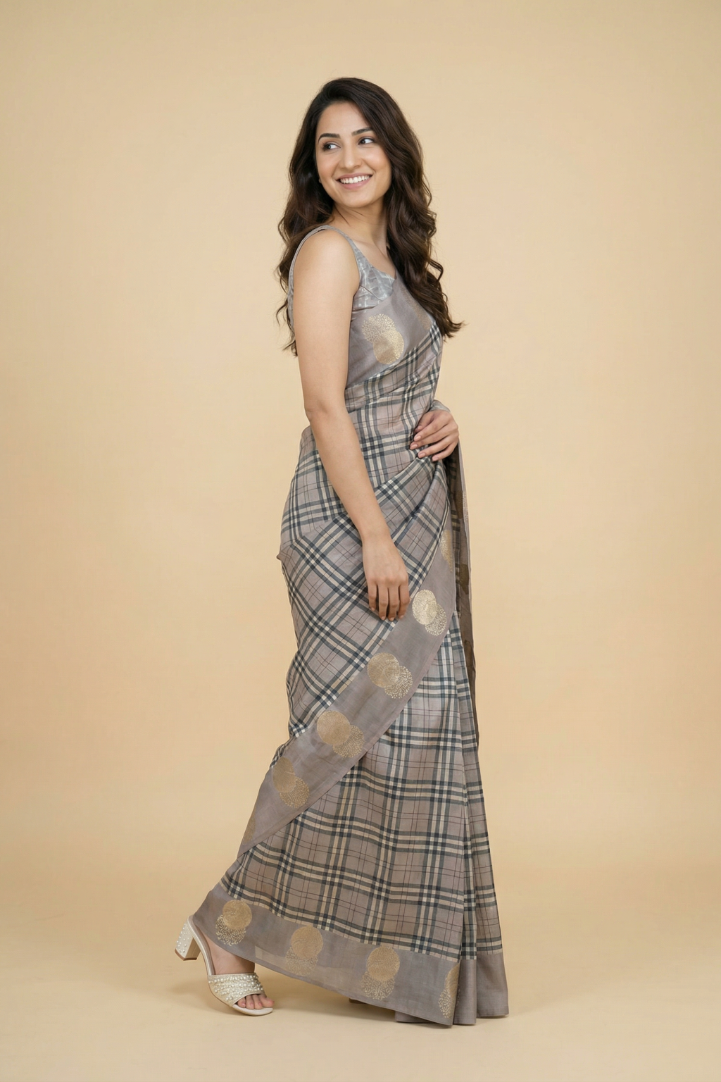 Grey Tussar Saree with Checks and Zari Buttas
