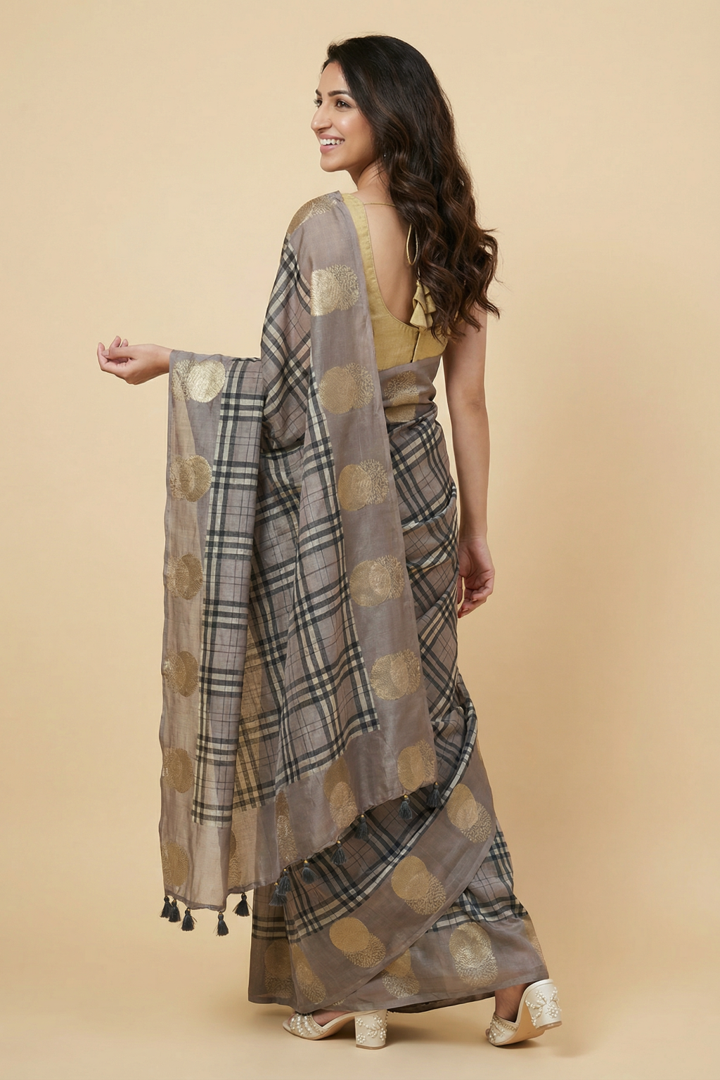 Grey Tussar Saree with Checks and Zari Buttas