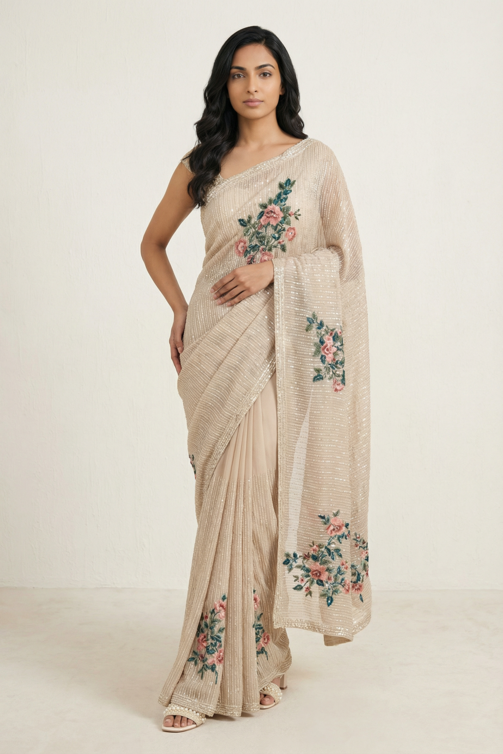 Off White Georgette Sequin Saree