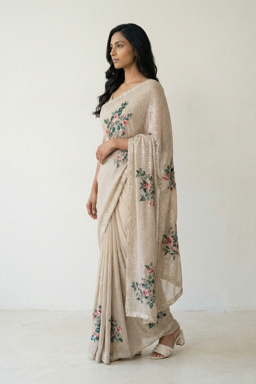 Off White Georgette Sequin Saree