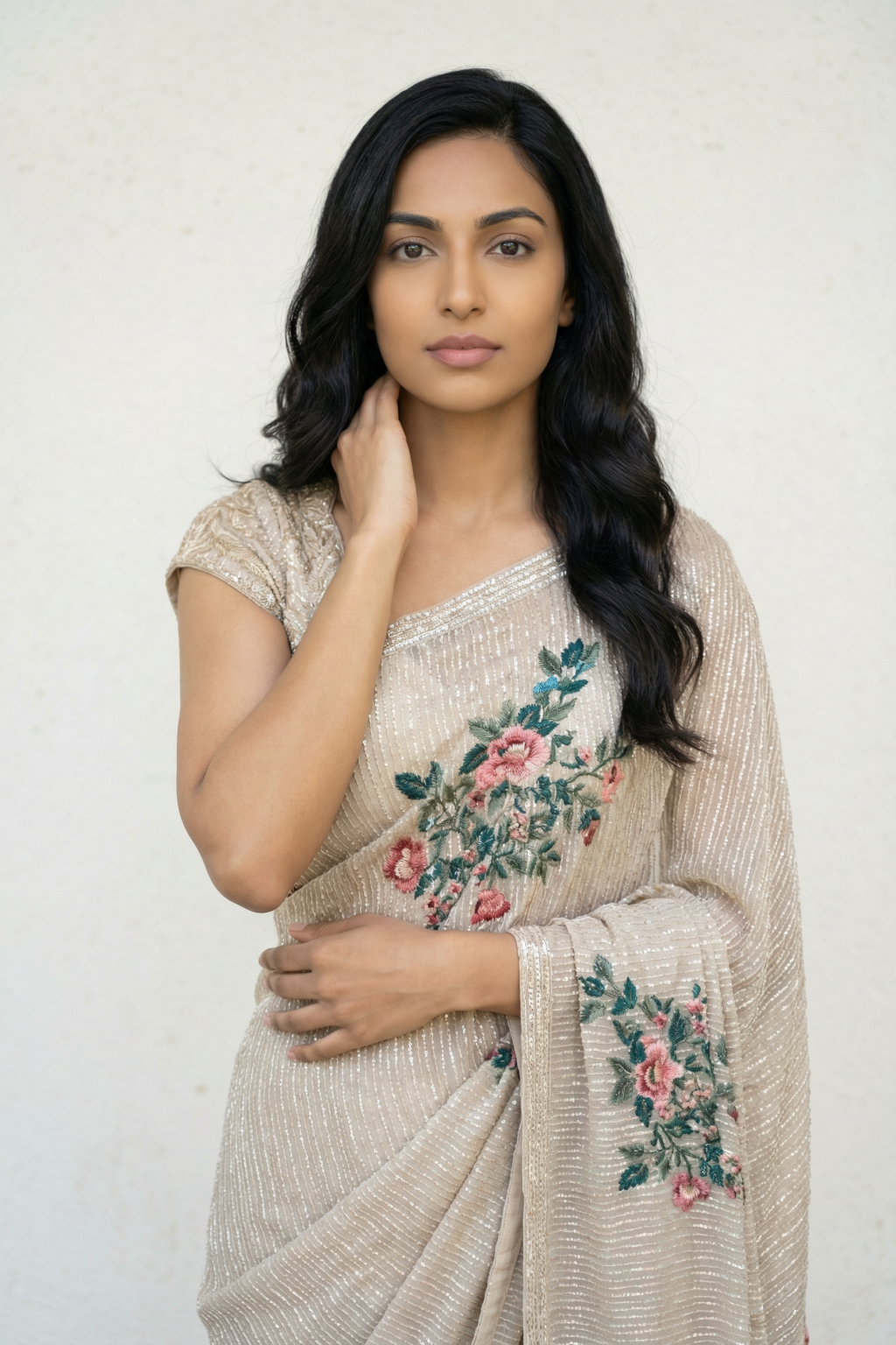 Off White Georgette Sequin Saree