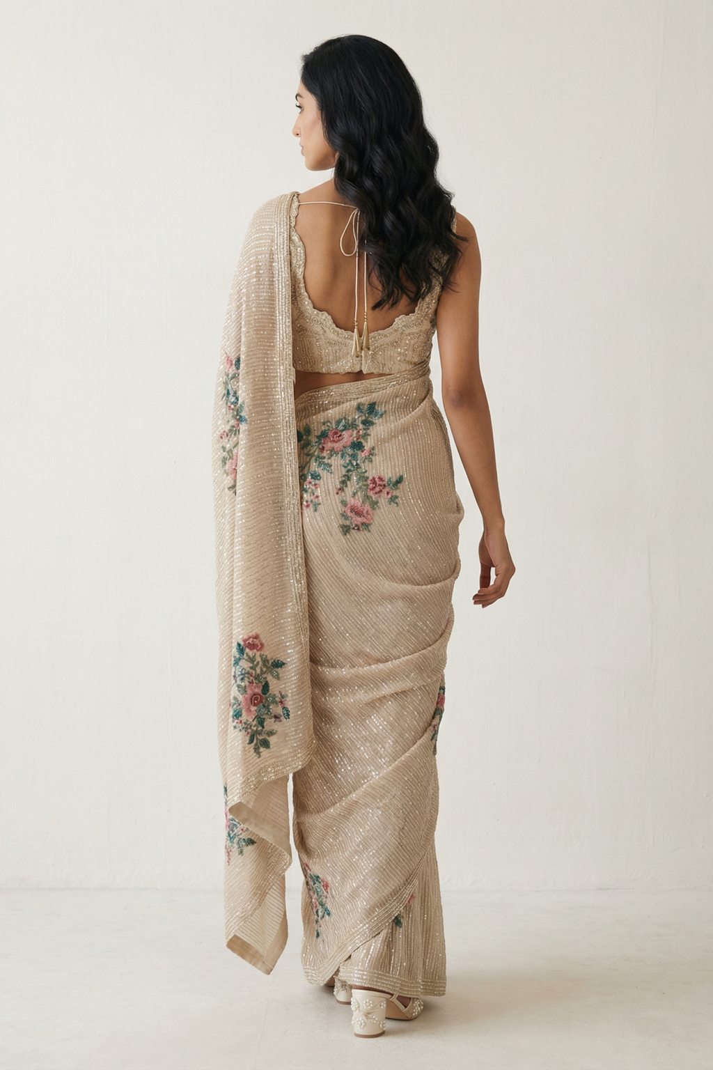 Off White Georgette Sequin Saree