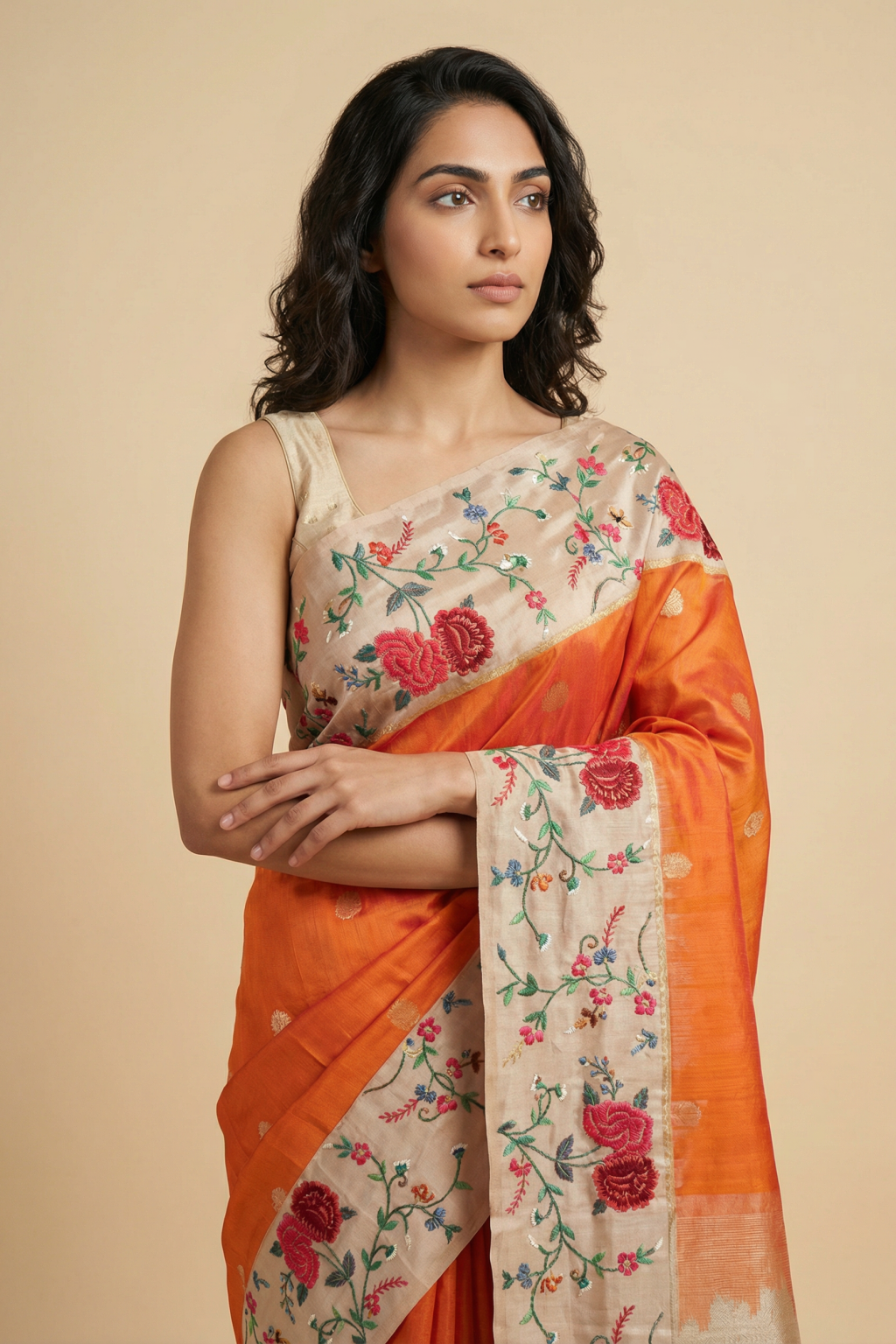 Orange Soft Silk Saree with Floral Cross-Stitch Border