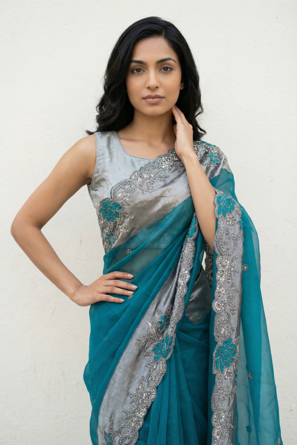 Emerald Green Organza Saree with Antique Sequins & Beaded Tissue Border