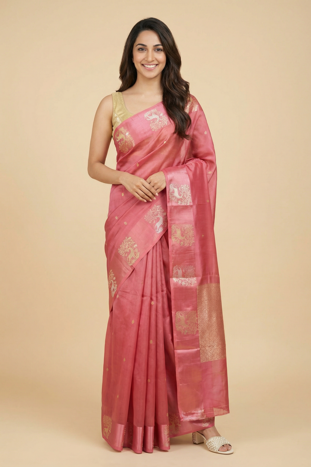 Coral Pink Banarasi Chanderi Silk Saree with Zari Animal Motifs