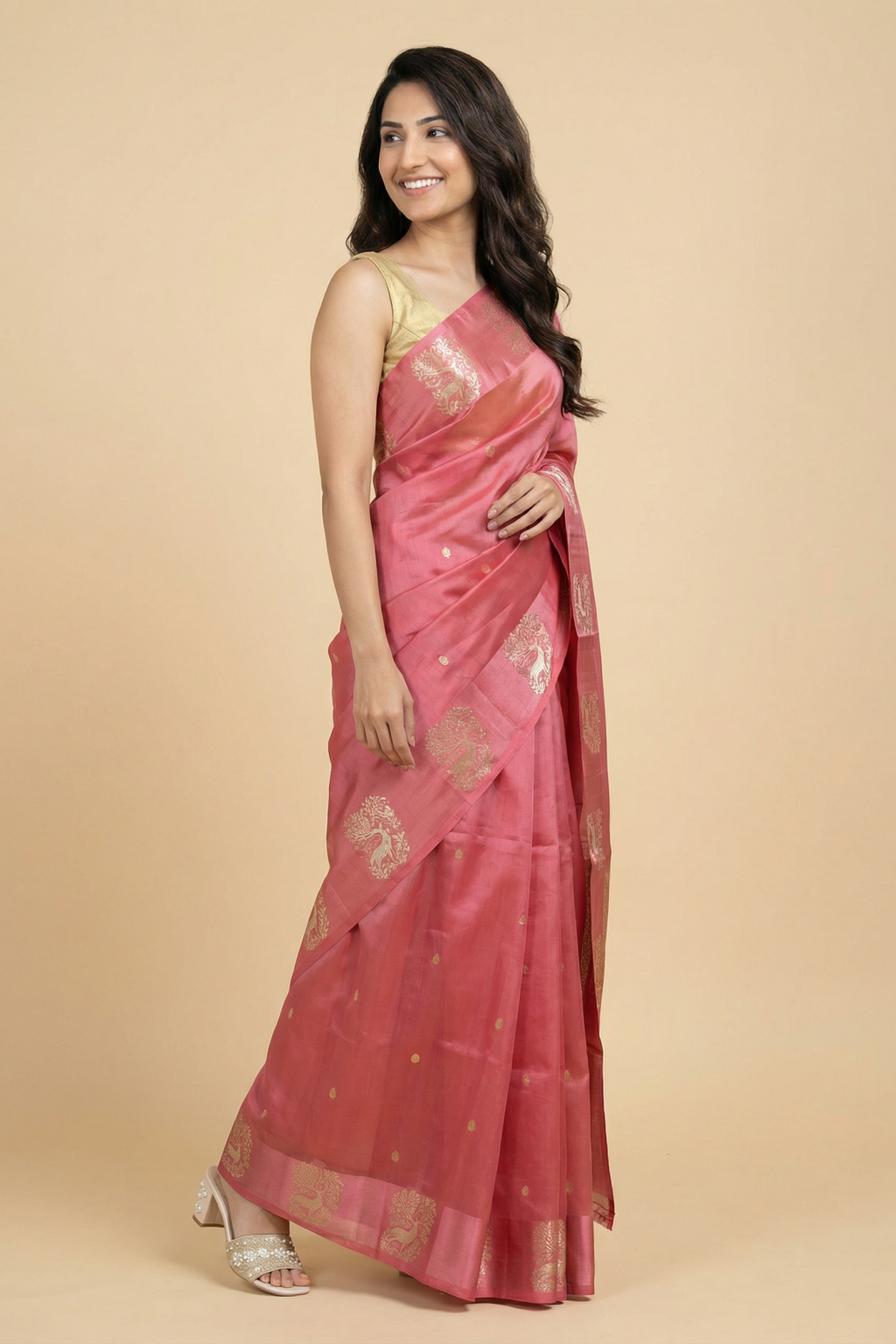 Coral Pink Banarasi Chanderi Silk Saree with Zari Animal Motifs