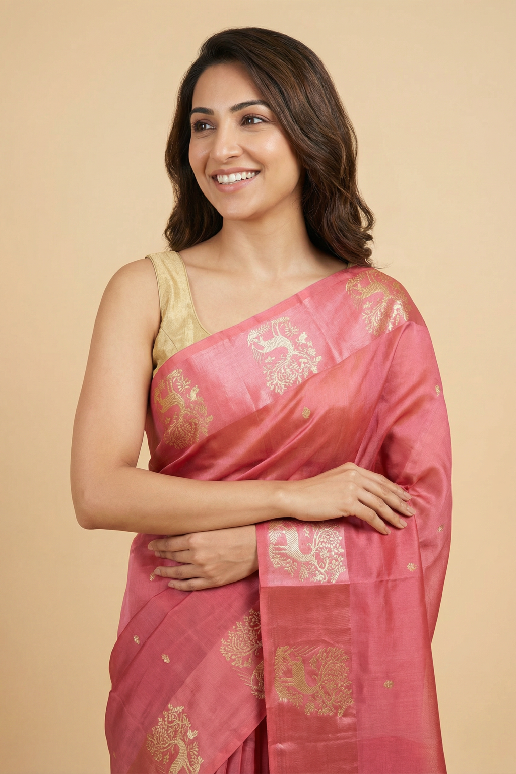 Coral Pink Banarasi Chanderi Silk Saree with Zari Animal Motifs