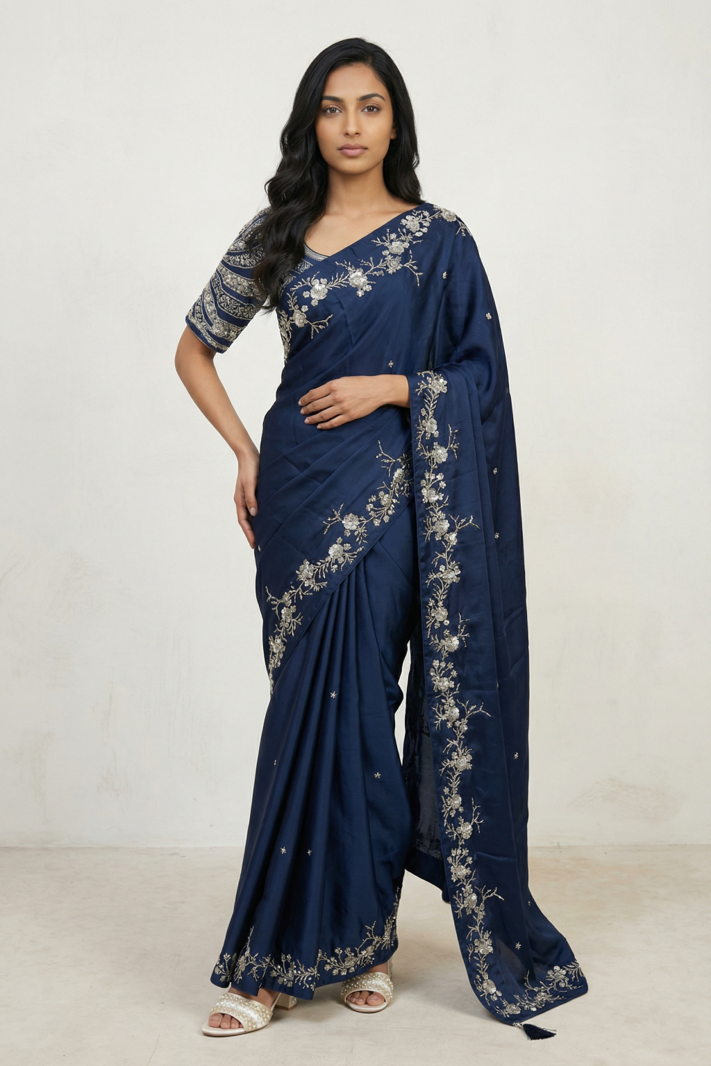 Blue Satin Saree with Sequin Work Border