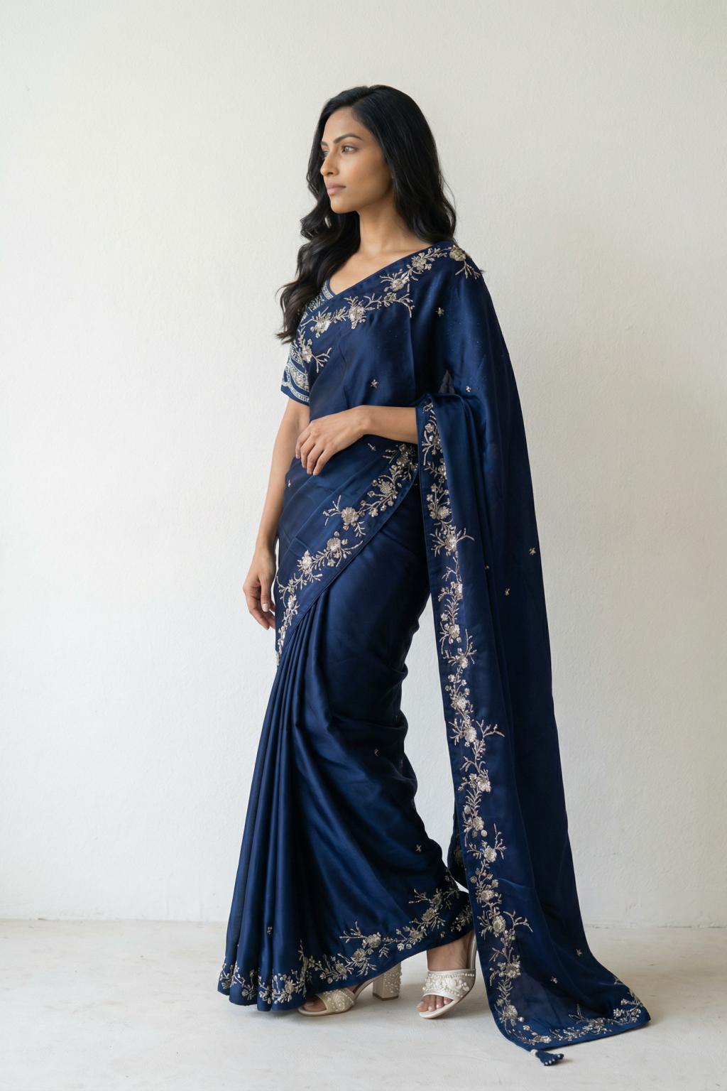 Blue Satin Saree with Sequin Work Border