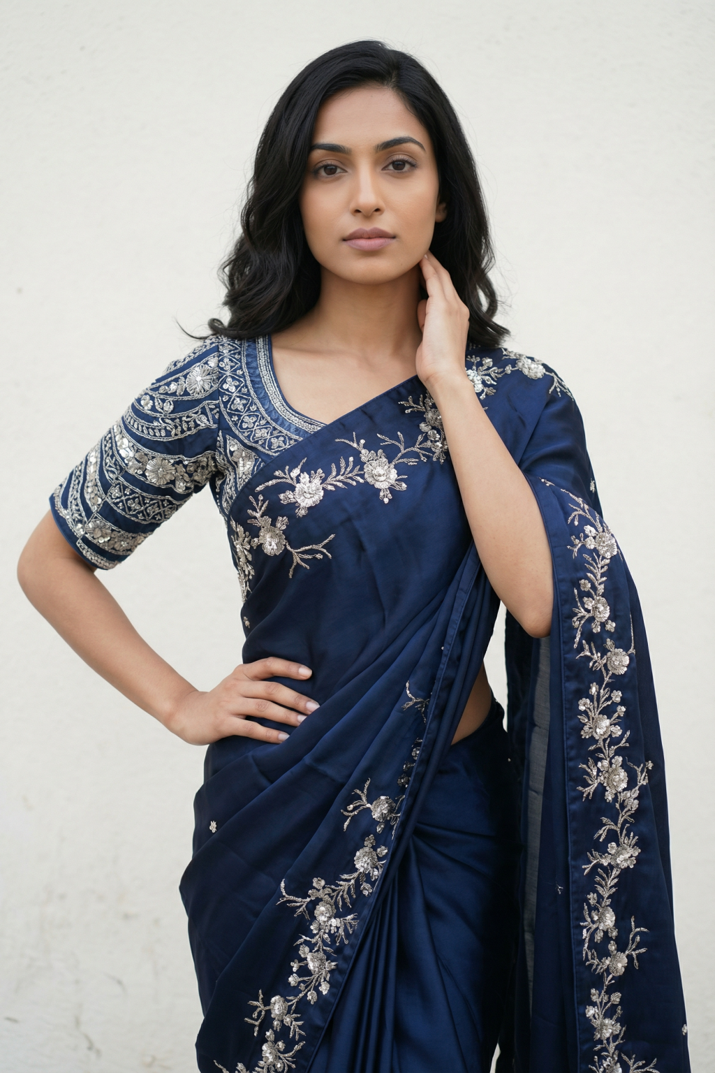 Blue Satin Saree with Sequin Work Border