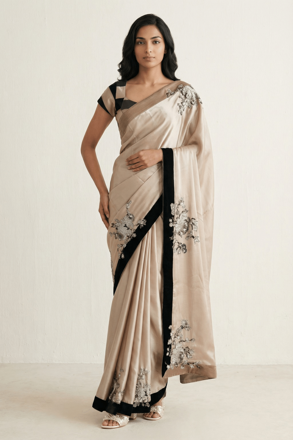 Beige Satin Saree with Black Border and Floral Appliqué Work Blouse