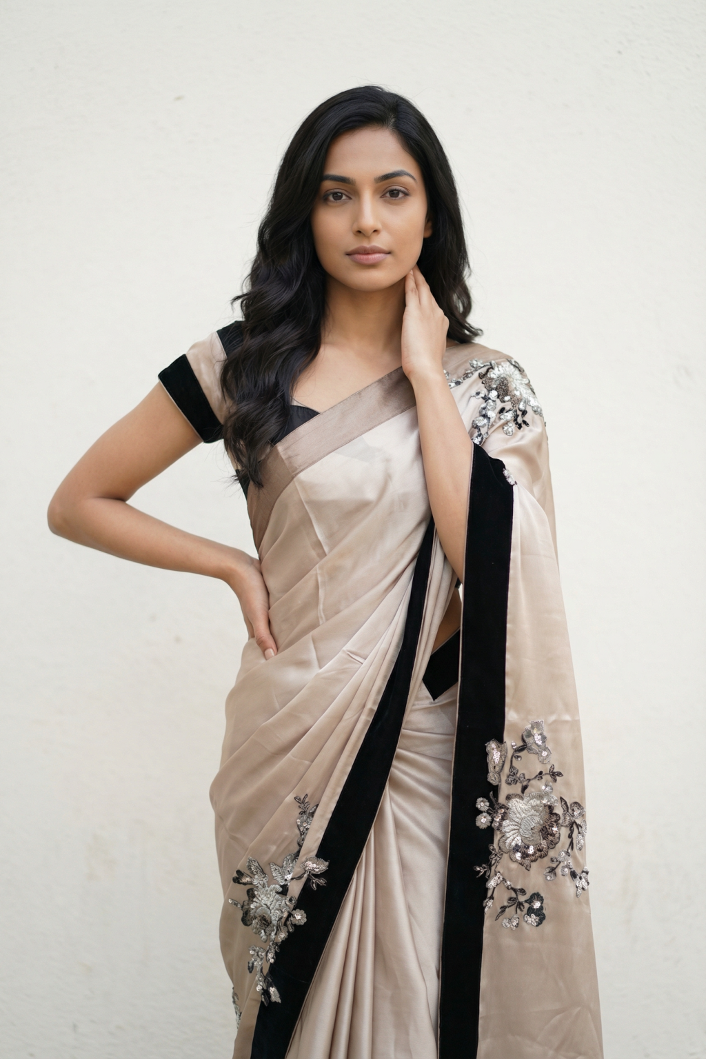 Beige Satin Saree with Black Border and Floral Appliqué Work Blouse