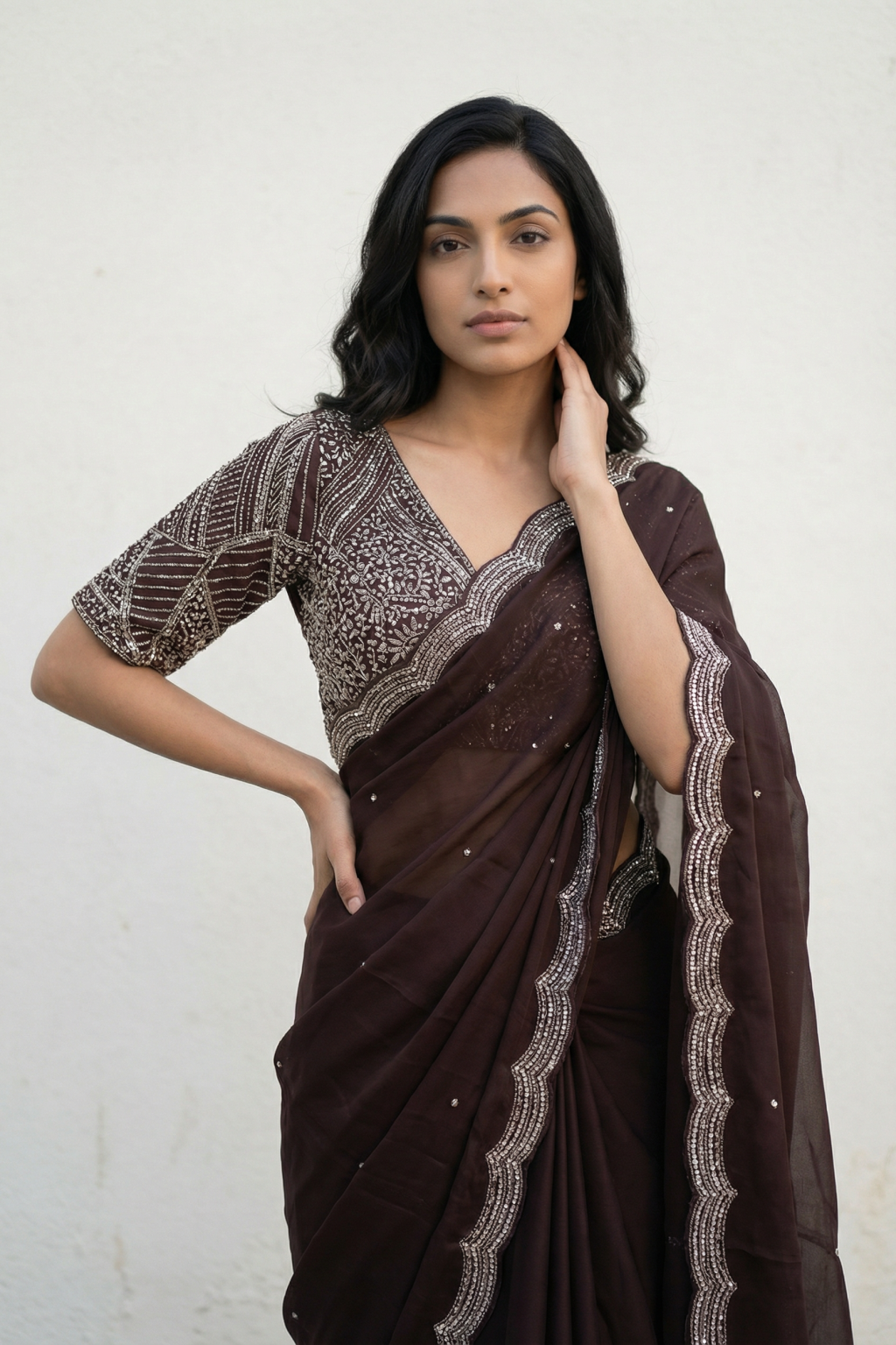 Chocolate Brown Satin Saree Sequins and Beads Border