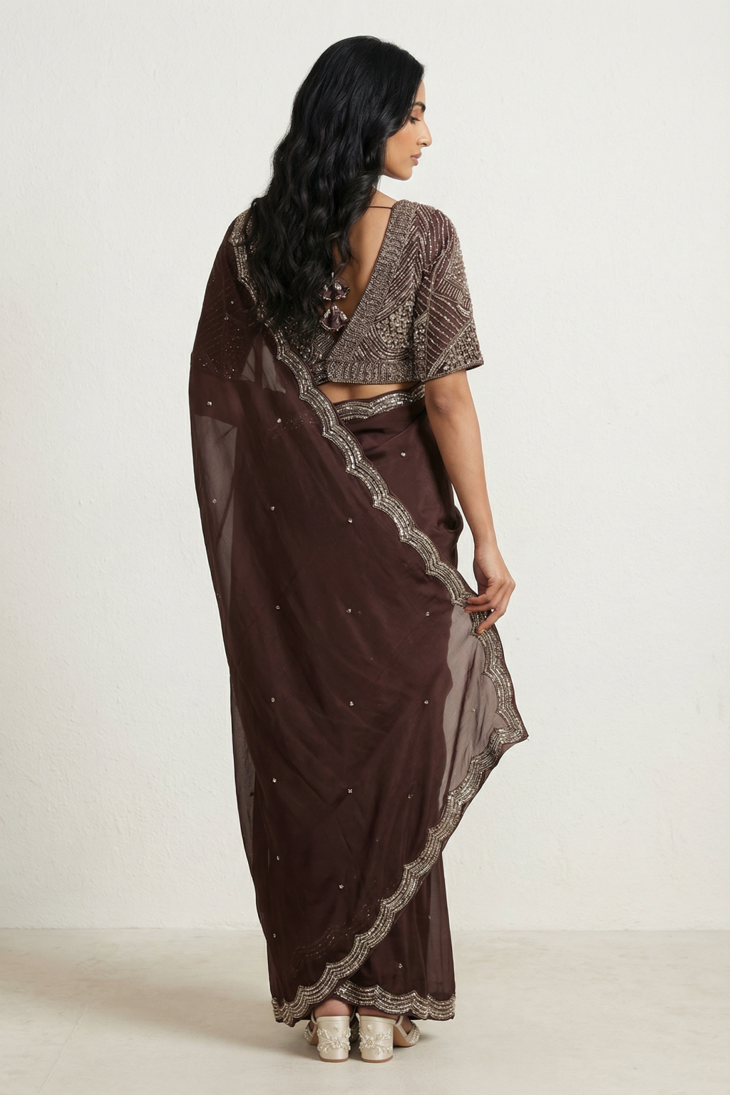 Chocolate Brown Satin Saree Sequins and Beads Border