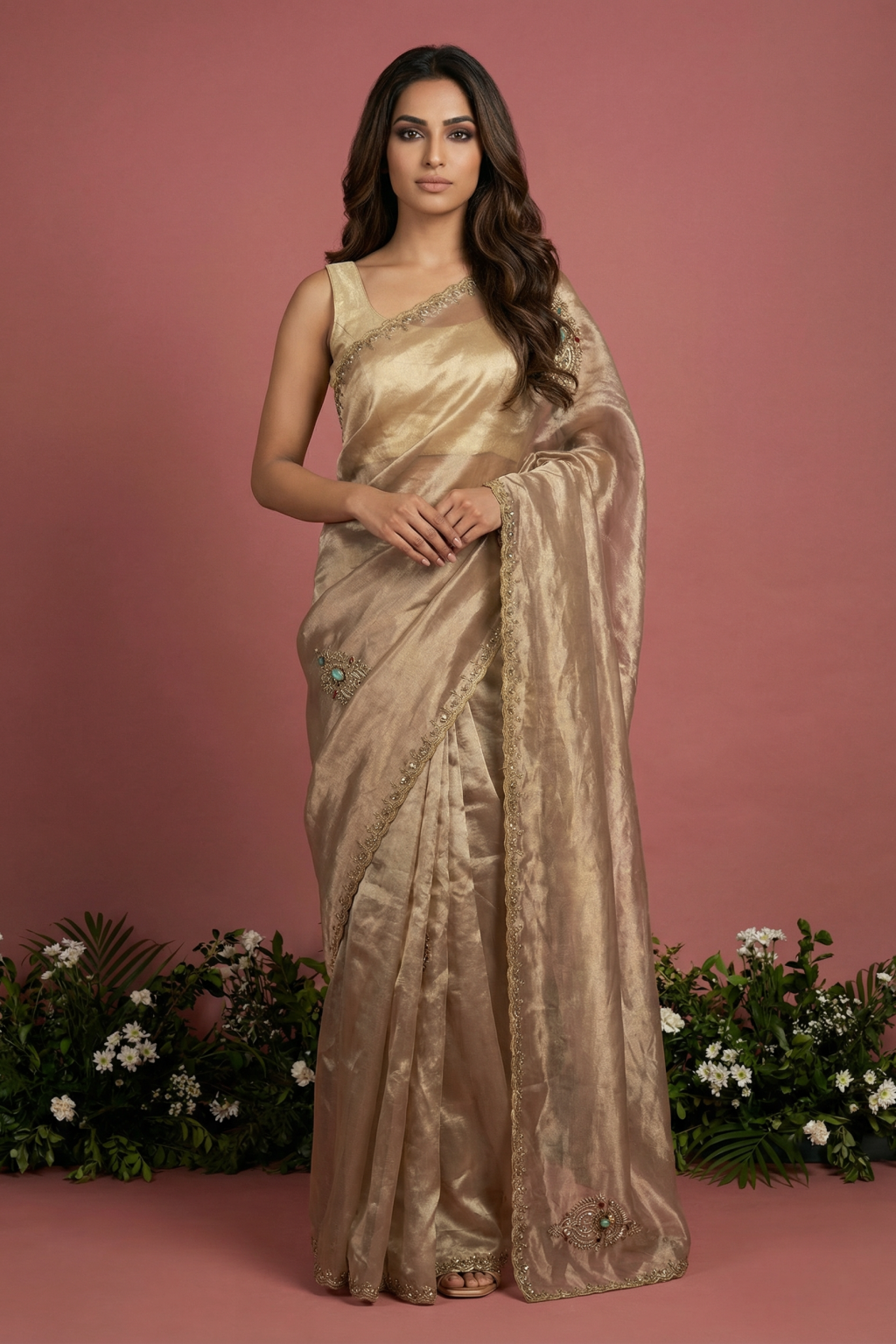 Light Gold Tissue Saree