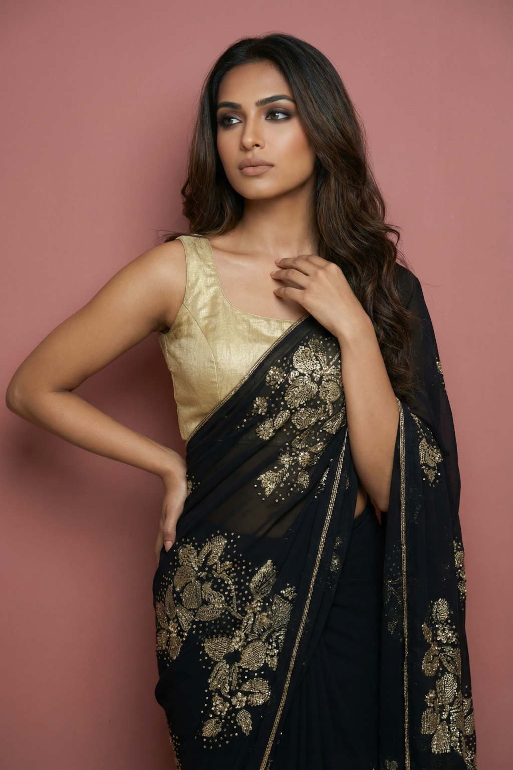 Black Crepe Saree with All-Over Sequin Floral Embroidery