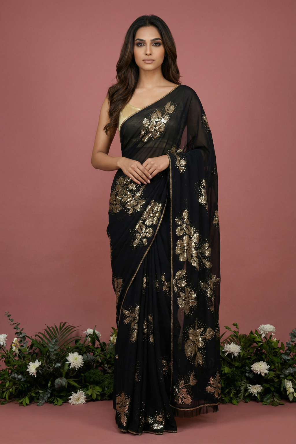 Black Crepe Saree with All-Over Sequin Floral Embroidery