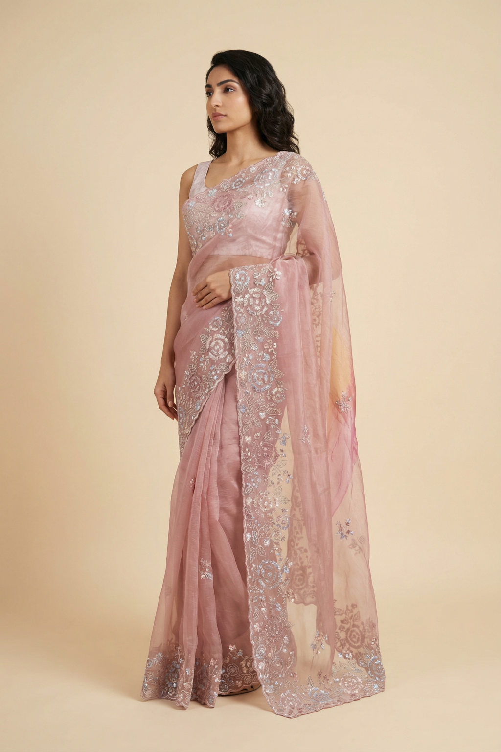Blush Pink Organza Saree with Sequin and Kardhana Embroidered Border