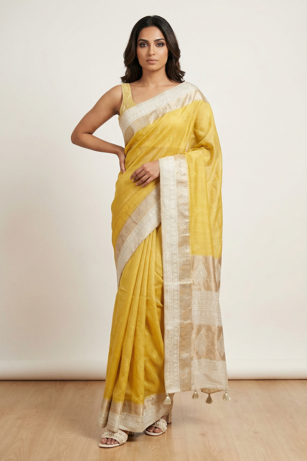 Yellow Linen Tussar Saree with Thread Motifs and Zari Border with Contrast Blouse