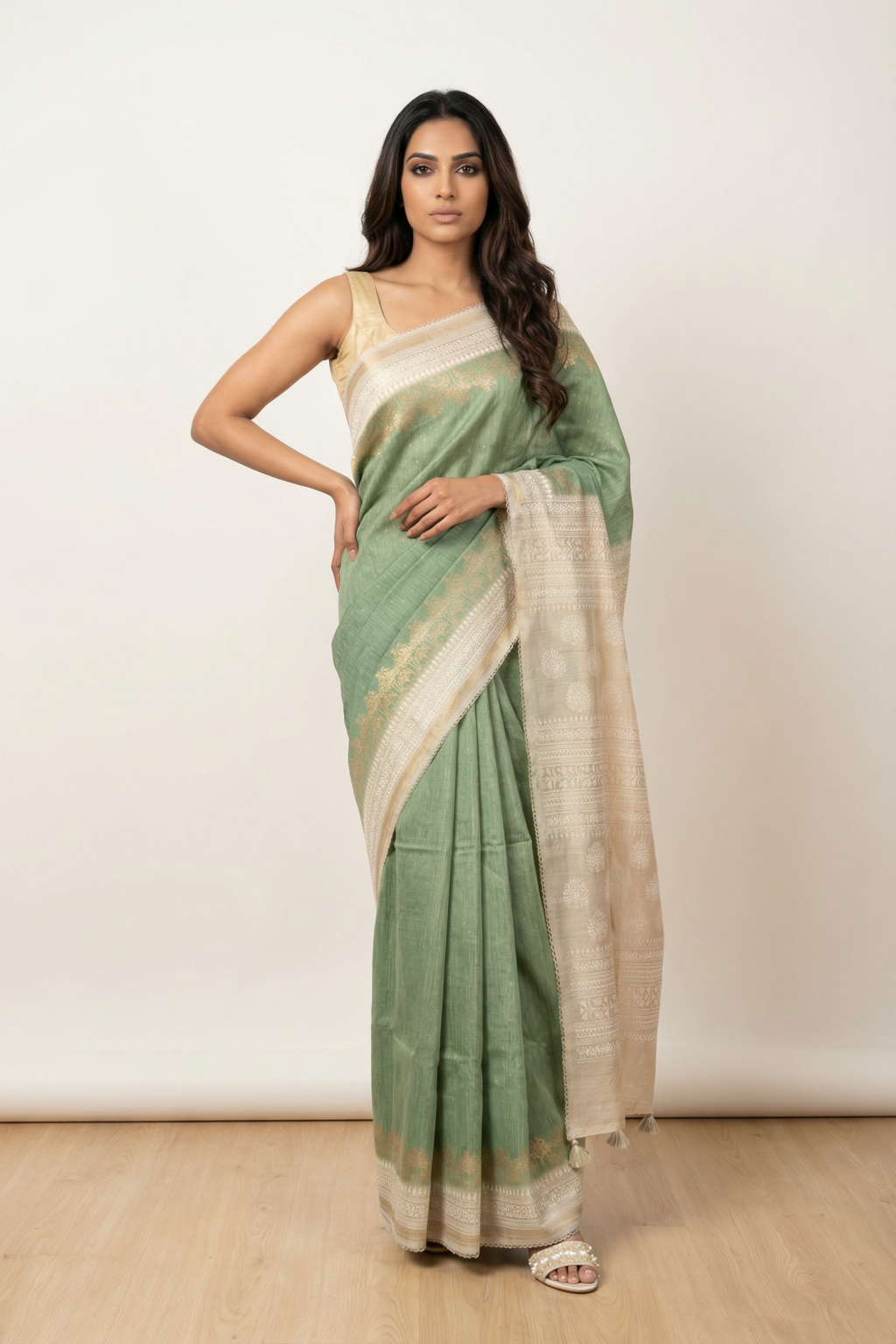 Light Green Linen Tussar Saree with Zari Motifs & Elegant Zari Thread Border