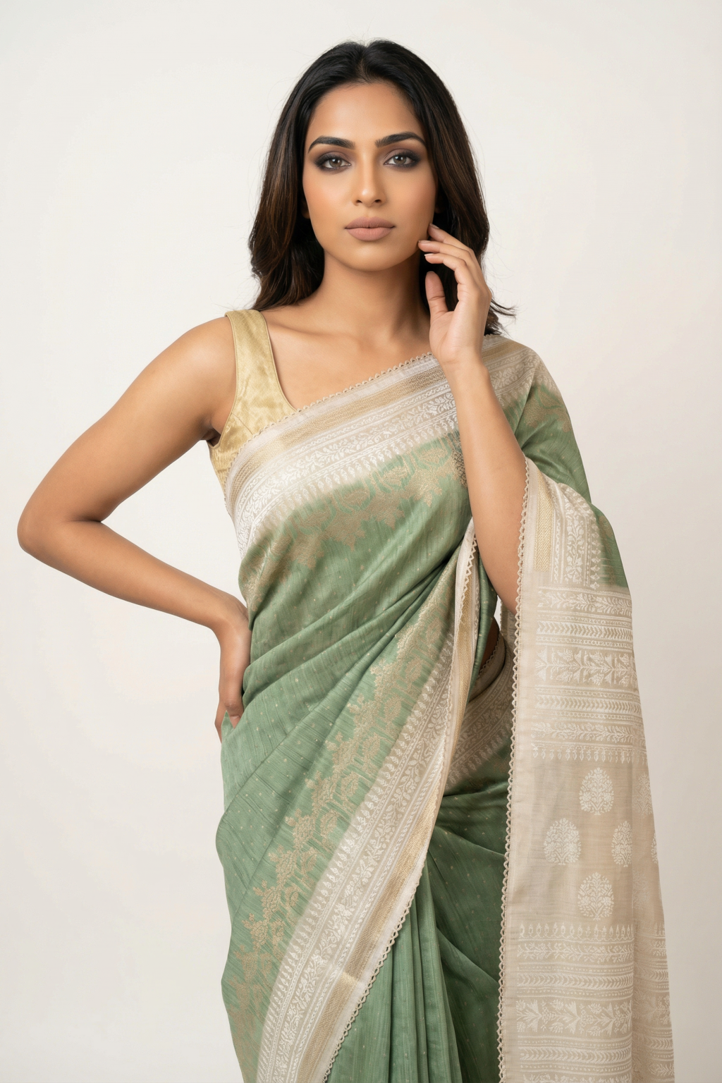 Light Green Linen Tussar Saree with Zari Motifs & Elegant Zari Thread Border