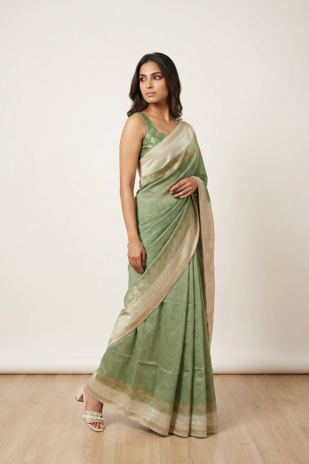 Light Green Linen Tussar Saree with Zari Motifs & Elegant Zari Thread Border