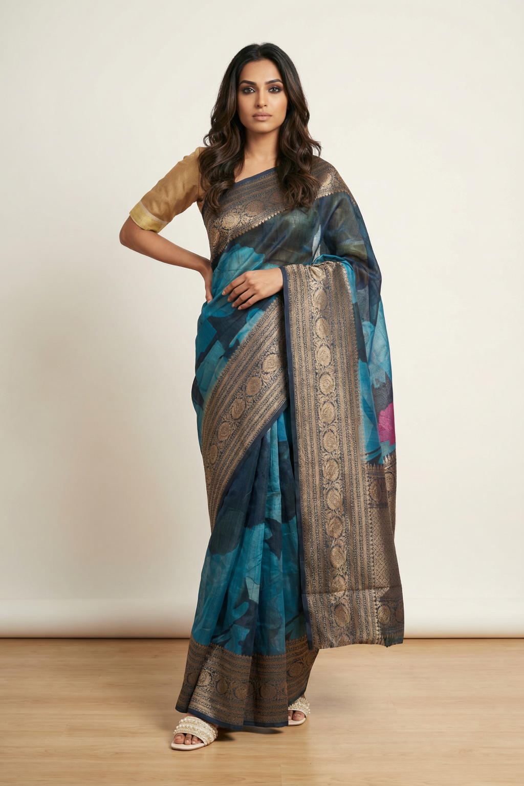 Navy Blue Tussar Silk Saree with Zari Border and Printed Design