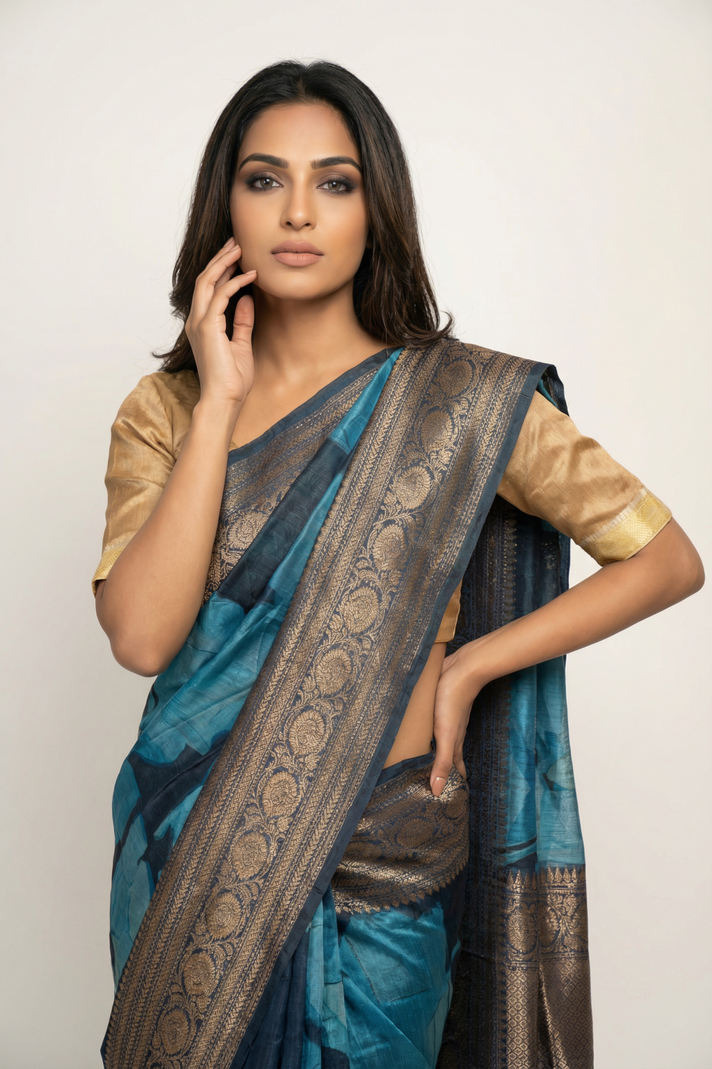 Navy Blue Tussar Silk Saree with Zari Border and Printed Design