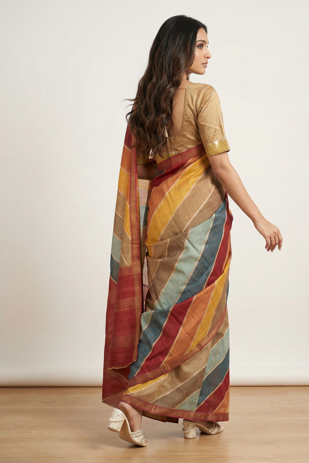 Multicolor Tussar Silk Saree with Diagonal Stripe Print